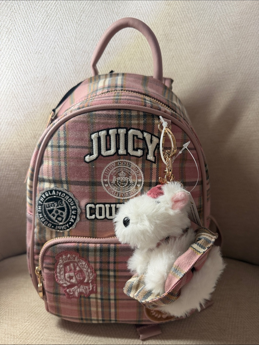 Juicy Couture Pink Plaid Mini Backpack with Plush Charm